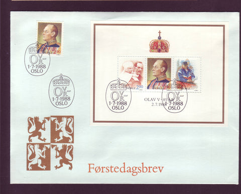 NO6006 Norway Scott # 931 FDC, 85th Birthday of King Olav V - 1988
