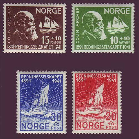 Norwegian stamp showing ship designer Colin Archer and one of his lifeboats .