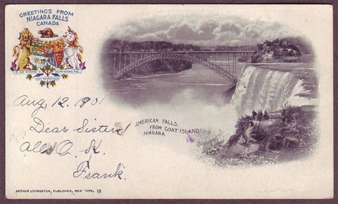 Ontario Patriotic Postcard, American Falls from Goat Island - 1901