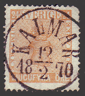 Sweden classic stamp in yellow with perfectly centered cancel.