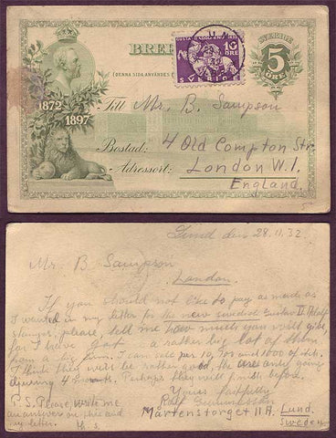 SW5025 Sweden  Oscar II Jubilee postcard to England - 1932