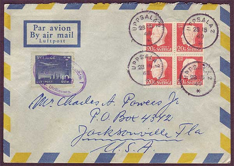 SW5027PH Sweden Air mail letter to USA - Uppsala 28 .12.1949
