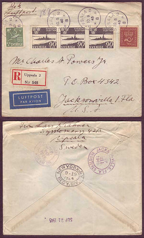 SW5033PH Sweden Registered Air Mail cover to USA, Uppsala 10.9.1945