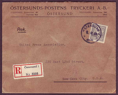 SW5043PH Sweden       Registered business mail to USA - 1938