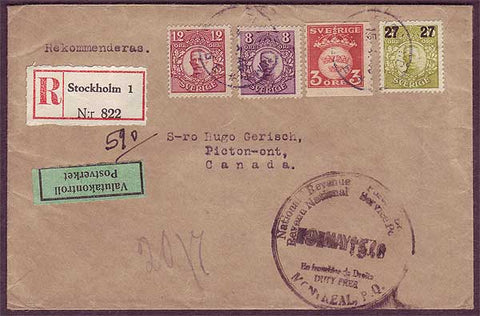 SW5075PH Sweden  Registered letter to Canada 1946