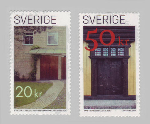Shows 2 Swedish stamps featuring hand crafted doors